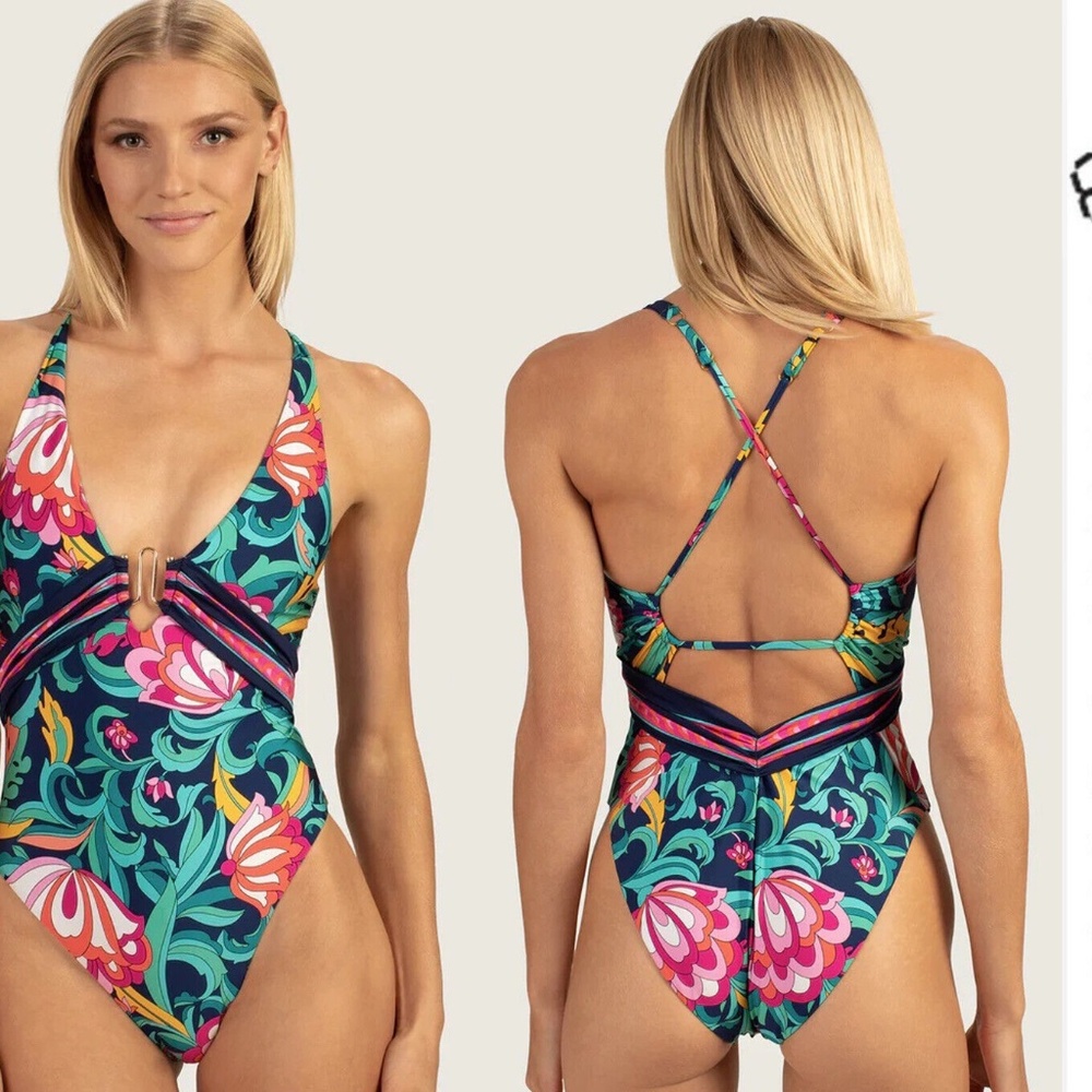 NWT TRINA TURK Multicolor India Garden Belted 1 Pc Plunge Maillot Swimsuit 12